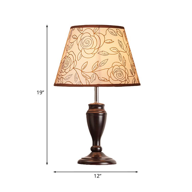 Brown 1 Head Table Light Rural Fabric Tapered Shade Nightstand Lamp with Flower/Slash/Geometric Pattern