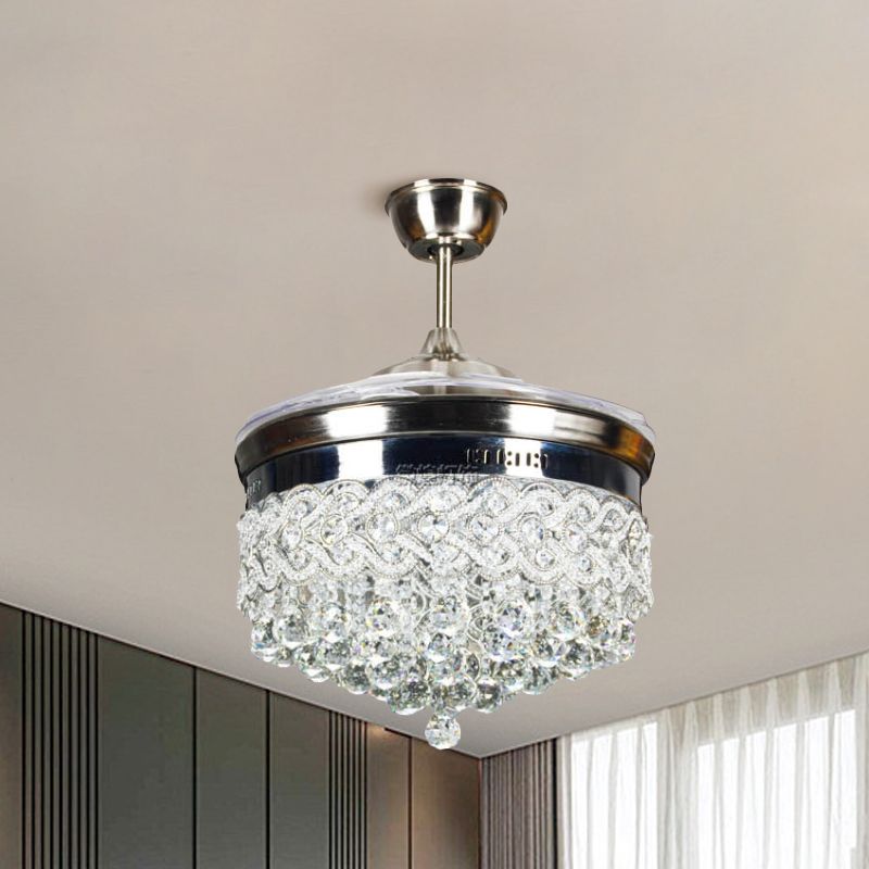 Crystal Orbs Tapered Semi Flush Light Modernism LED Silver Ceiling Fan Lamp with 4-Blade, 16" Wide