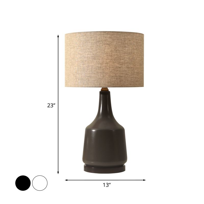 Fabric Black/White Nightstand Light Round 1-Light Retro Style Night Lamp with Ceramic Bottle Base