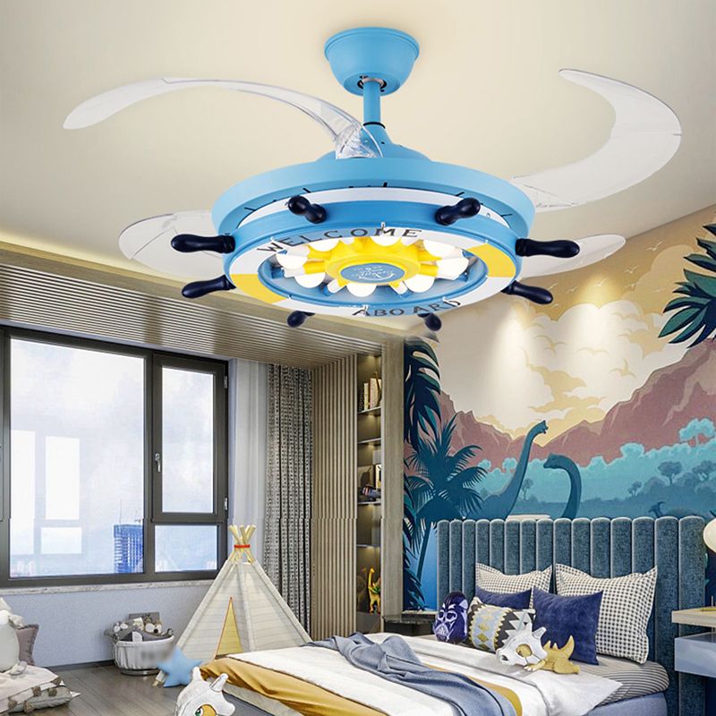 Control remoto Rudder Semi Flush Monte Mediterráneo Metal para niños Dormitorio Led Ventilador Luz