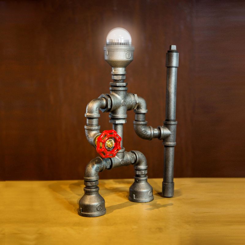 Wrought Iron Robot Table Lamp Industrial Style 1 Bulb Restaurant Table Lighting with Pipe Design in Silver