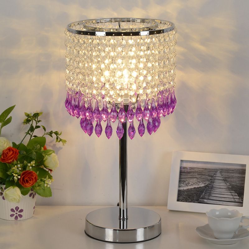 Crystal Beaded Red/Pink/Purple Table Lamp 2 Tiers Tassel Single-Bulb Modernist Nightstand Light for Bedside