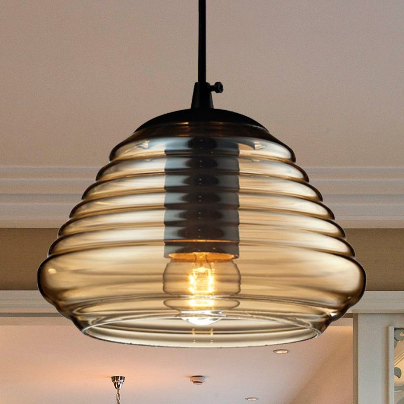 Bowl/Cylindrical/Saucer Shape Pendant Lamp Modernist Clear/Amber Ruffle Glass Black Hanging Light Fixture