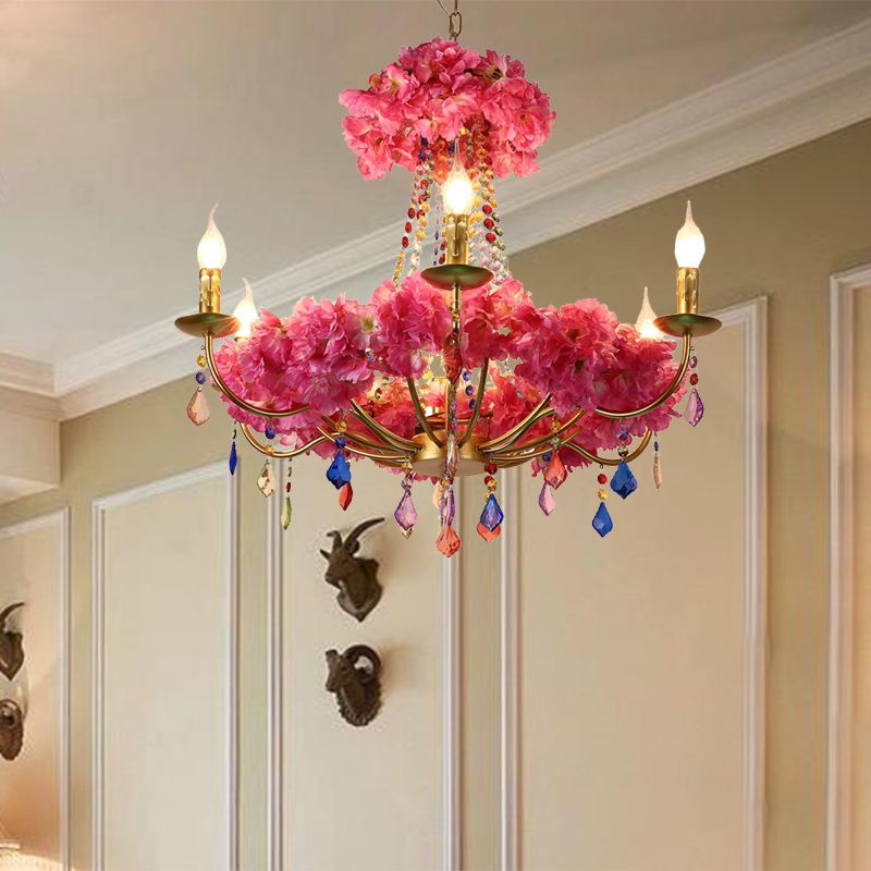 Metal Pink Flower Chandelier Lamp Candelabra 6 Bulbs Antique LED Hanging Ceiling Light with Dangling Crystal