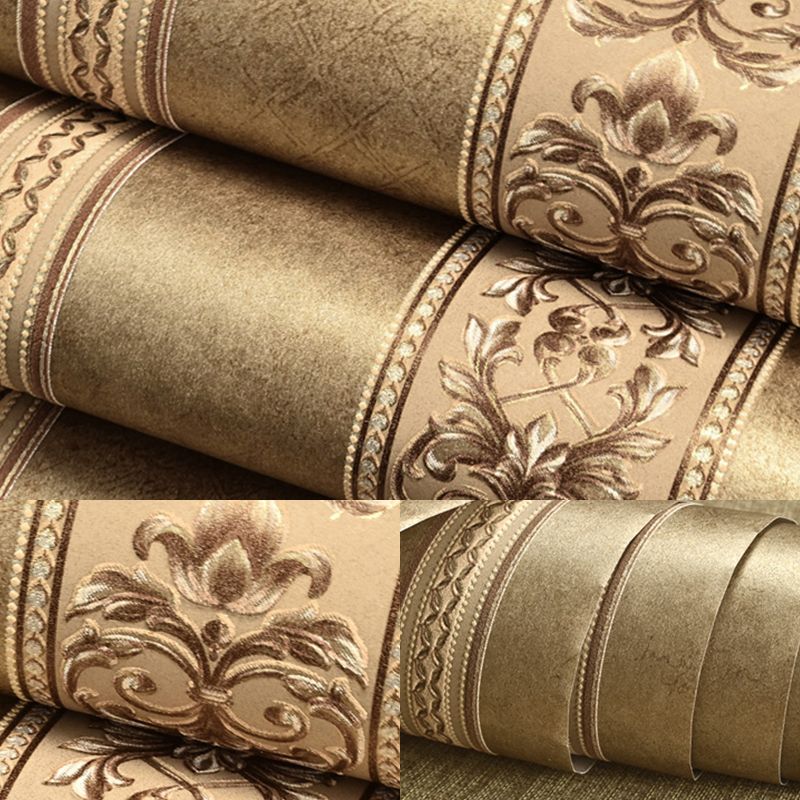 Flower Damask Wallpaper Vintage Non-Woven Material Wall Art in Dark Color, Moisture Resistant