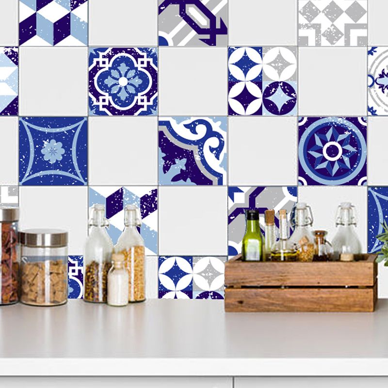 Mediterranean Geometric Tiles Wallpapers for Kitchen 10 Pieces 8' x 8" Wall Decor in Blue, Stick On