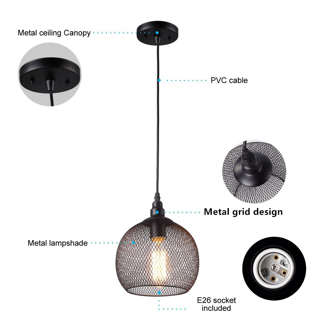 Accesorio de iluminación colgante de metal globe sala de estar retro lámpara colgante en negro