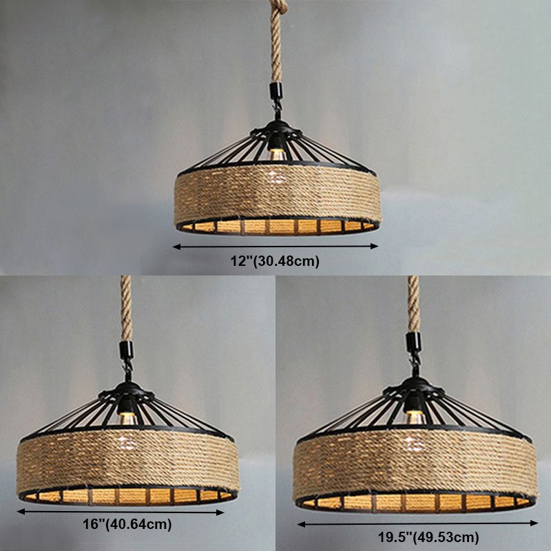 1-Light Cylinder Shade Pendant Lamp, Contemporary Industrial Natural Rope Hanging Light