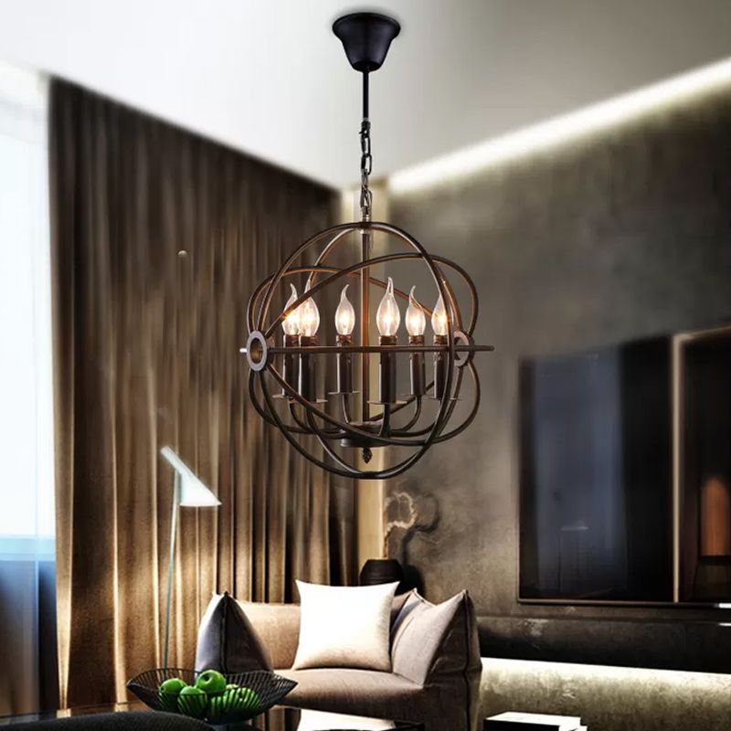 6 Bulbs Spherical Hanging Light Warehouse Black Iron Chandelier Pendant for Restaurant