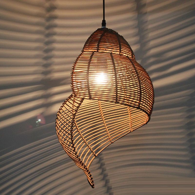 Shell Shaped Hallway Pendant Lamp Rattan 1-Light Asian Hanging Light Fixture