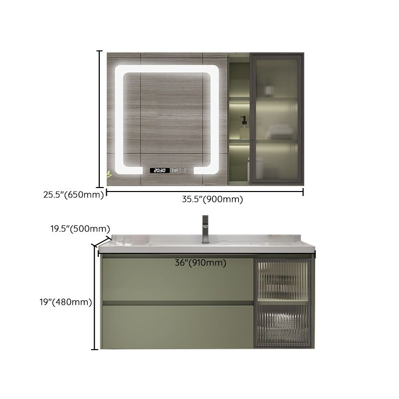 Waterproof Vanity Green Wood Frame Single Sink Drawers Mirror Wall-Mounted Vanity