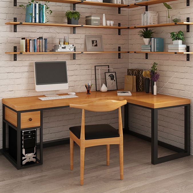 Solid Wood Computer Desk Industrial Style L-Shape Office Desk with Storage and Drawer