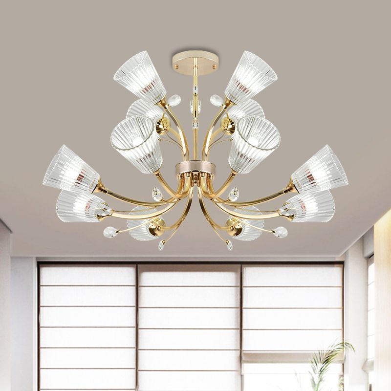 Ribbed Glass Tapered Shade Chandelier Hotel 12 Lights Crystal Accent Hanging Lighting in Gold