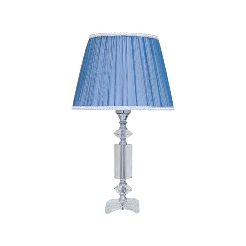 1 Bulb Tapered Pleated Shade Table Light Traditional Blue/Cream Gray/Beige Fabric Night Stand Lamp with Clear Crystal Base