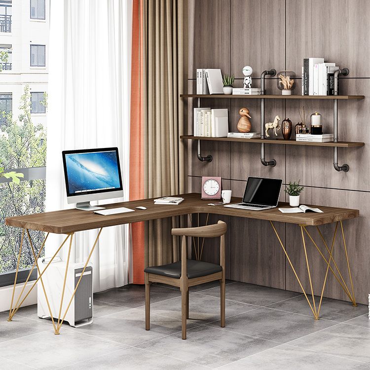 Glam Style Office Desk Solid Wood L-Shaped Desk with Gold Frame