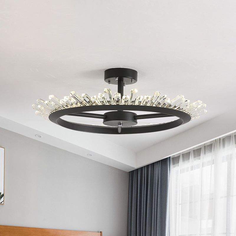 LED Semi Flush Mount Light Modern Circle Crystal Rod Ceiling Light Fixture in Black