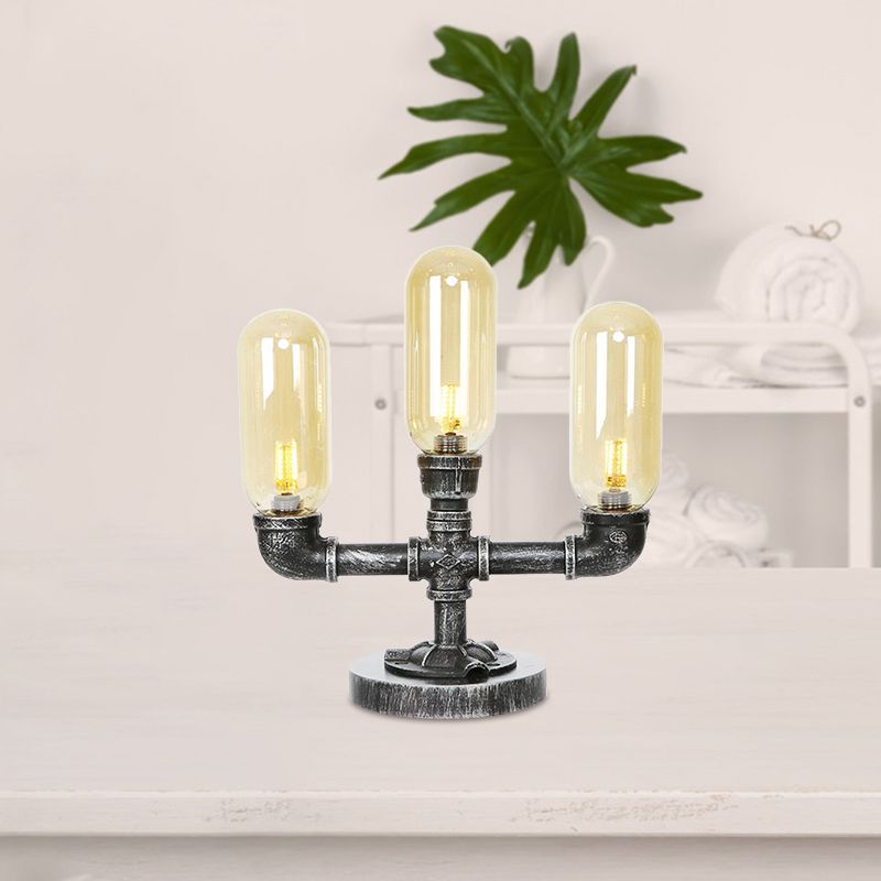 Capsule Clear/Amber Glass Night Light Farmhouse 2/3 Heads Tearoom LED Table Lamp with Pipe Base