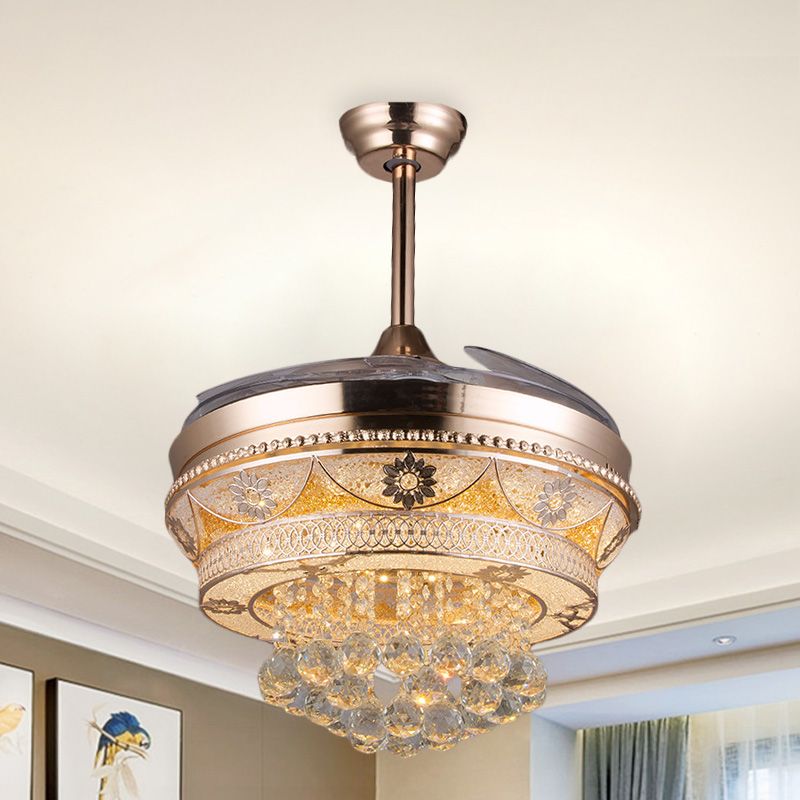 Rose Gold LED Ceiling Fan Light Modern Crystal Round Semi Flush Mount with 3 Retractable Blades, 42.5" Width