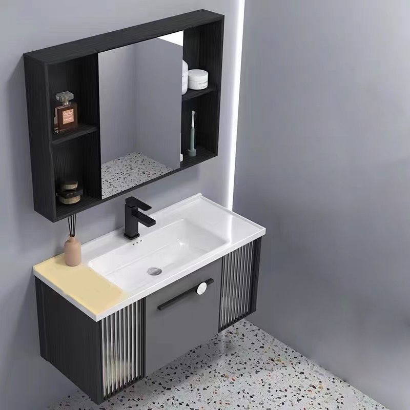 Wall Mount Bath Vanity Set Mirror Grey Rectangle Wood Bathroom Vanity with Single Sink