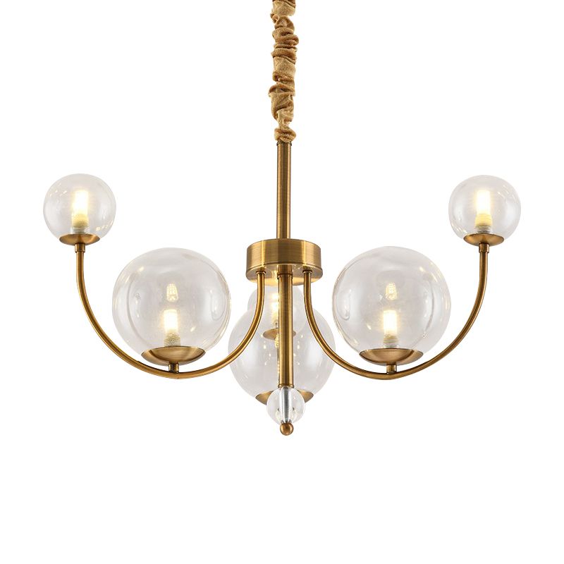 Living Room Arched Arm Chandelier with Globe Glass Shade Metal Elegant Style Gold Pendant Light