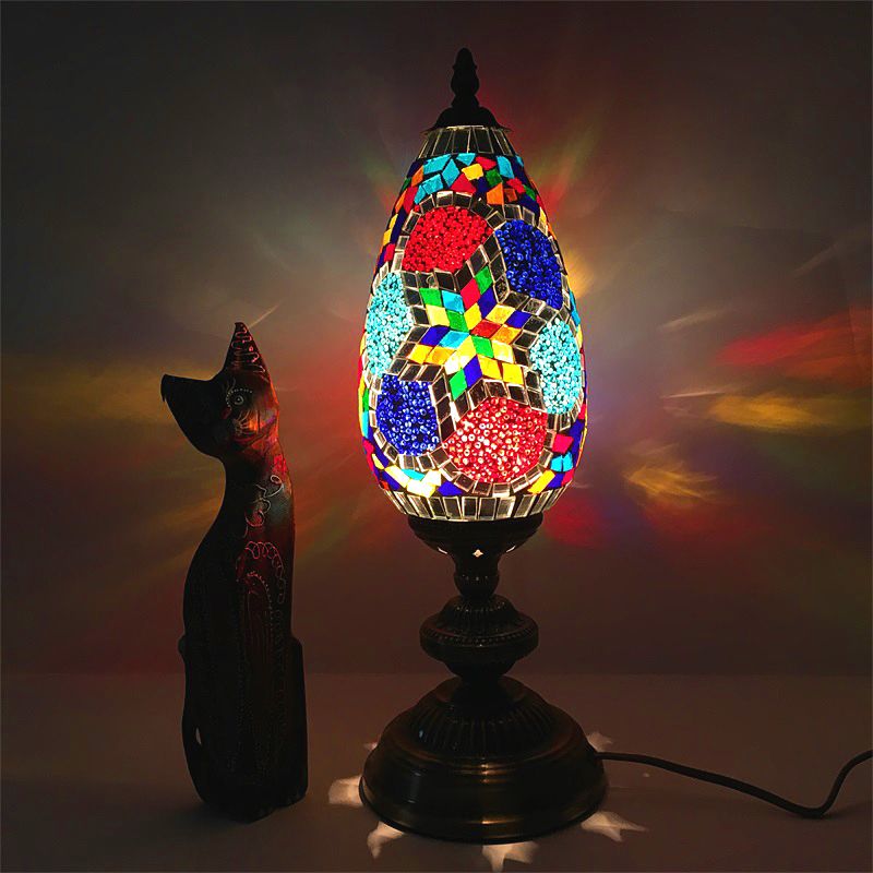 Orange/Red 1 Bulb Table Light Antique Stained Art Glass Teardrop Plug In Nightstand Lamp for Living Room