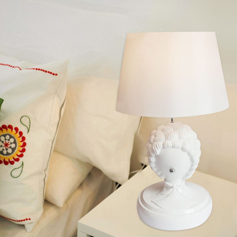 White 1 Bulb Table Light Retro Resin Roman Statue Nightstand Lamp with Fabric Lampshade