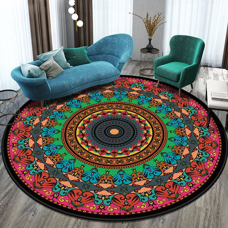 Moroccan Round Rug Medallion Print Indoor Rug Stain Resistant Polyester Area Rug for Living Room