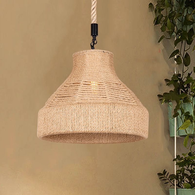 Hand-Wrapped Rope Bell Hanging Lamp Farmhouse 1 Bulb Restaurant Suspended Lighting Fixture in Brown