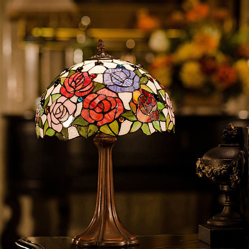 1-Head Jeweled Table Lamp Tiffany Bronze Handcrafted Art Glass Night Lighting with Blossom Pattern