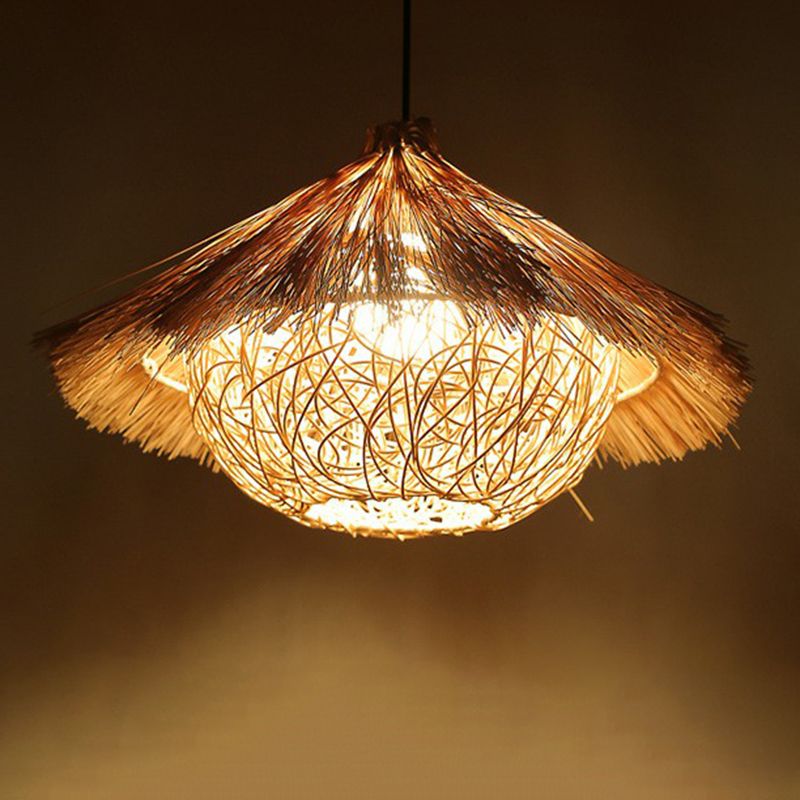 Rattan cage pendulum luce paese 1 lampadina beige appeso a soffitto per il ristorante