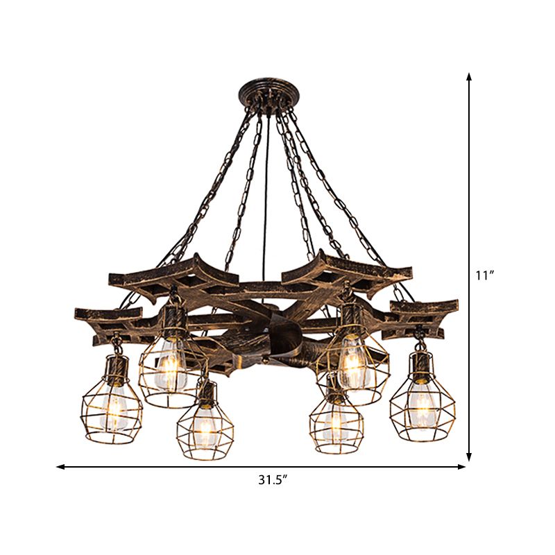 6 lampen Globe kroonluchter licht vintage bronzen metalen hangende plafondarmatuur met kooi