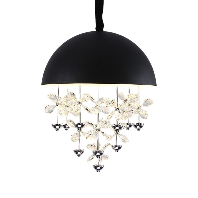 6/10 Lights Domed Pendant Light Modern Metal Hanging Ceiling Light with Crystal Flower Deco in Black/White