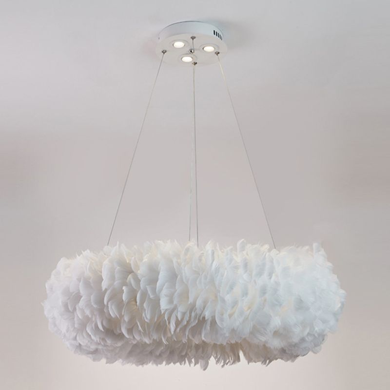 White Circular Hanging Lamp in Modern Fashionable Style Wrought Iron Chandelier with Feather Shade