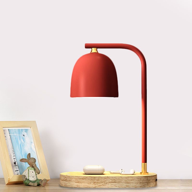 Minimalist 1 Head Nightstand Light Black/White/Red Finish Dome Wooden Night Lamp with Metallic Shade