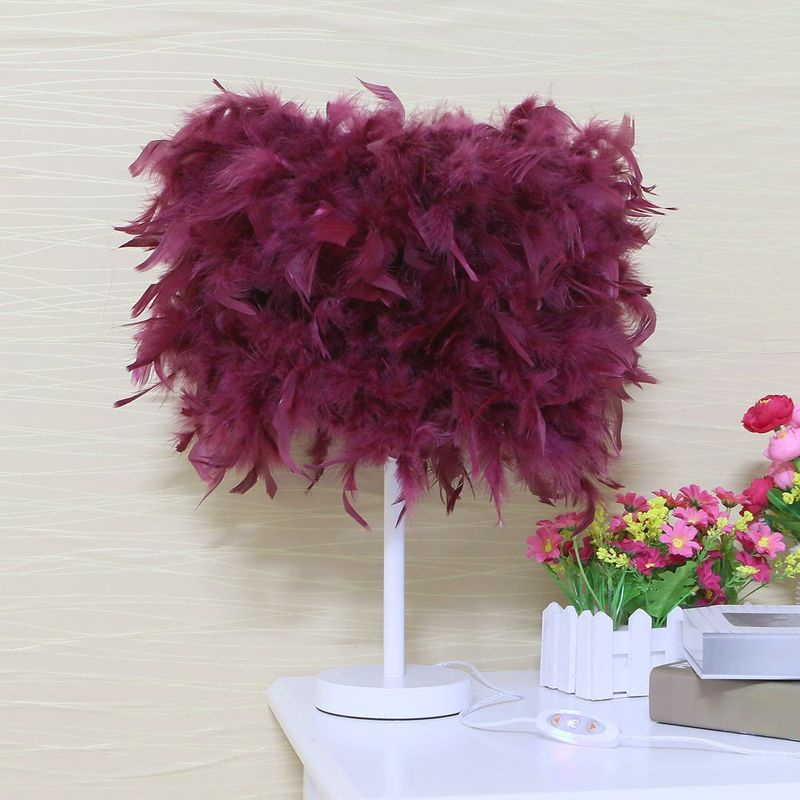 10"/14" Wide Cylinder Shaped Night Light Modern Feather 1 Head Bedside Table Lamp in Pink/White/Purple