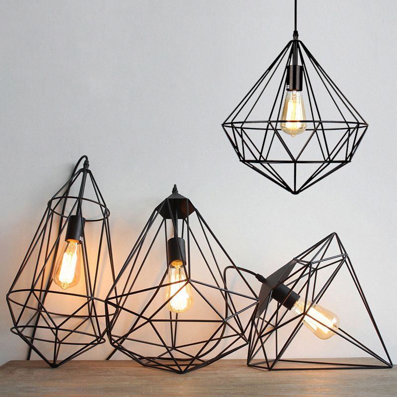 Diamond Cage Iron Hanging Lamp Vintage Single-Bulb Dining Room Hanging Light in Black