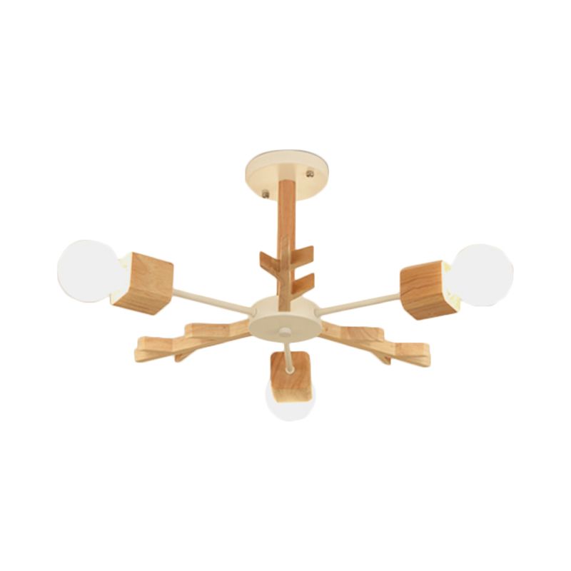 Nordic Starburst Semi Flush Light Wood 3/6 Heads Living Room Ceiling Mount Chandelier with Exposed Bulb Design