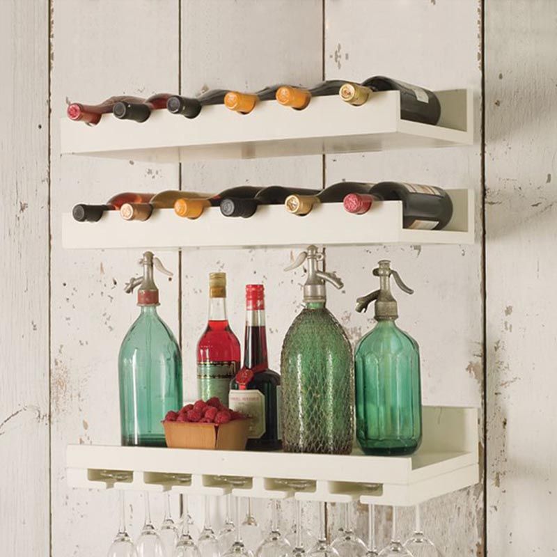 Wall Mounted Wooden Wine Bottle & Glass Rack Mid-Century Modern Wine Holder