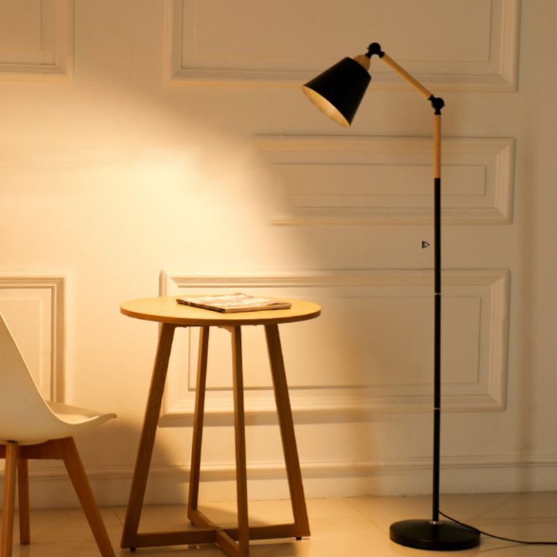 Nordic 1 Bulb Floor Lamp Wood Finish Swing Arm Reading Floor Light with Conical Metal Shade