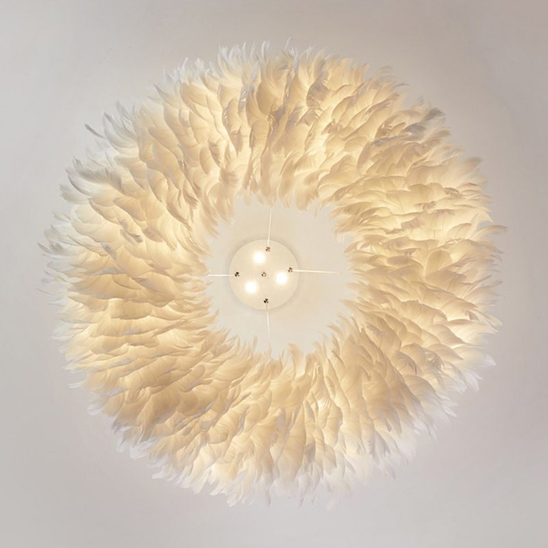 White Circular Hanging Lamp in Modern Fashionable Style Wrought Iron Chandelier with Feather Shade