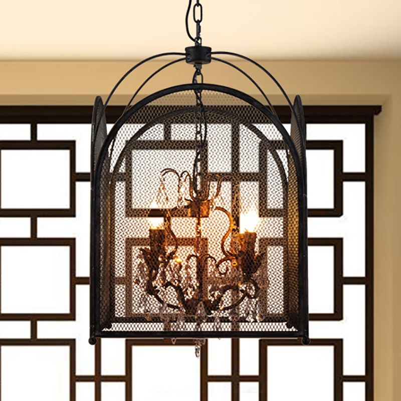 Mesh Cage Chandelier Lamp Modernism Crystal 4 Heads Hanging Light Kit in Black for Living Room