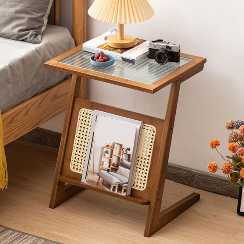 Contemporary Bamboo and Glass Bed Nightstand in Natural Oak/Walnut