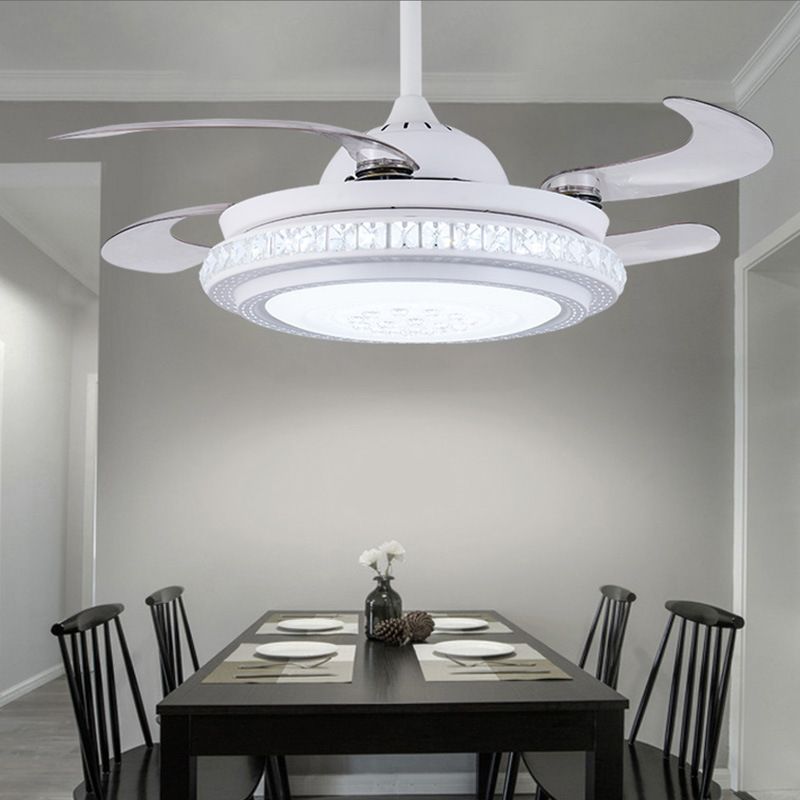 36 "W Simple Circular suspension Éclairage de ventilateur LED ACRYLIC SEMI FLUSH PLACIL LEILTURE DU BLANC avec 4 lames, télécommande / mur / télécommande et contrôle du mur