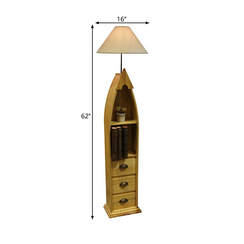 Éclairage de plancher de tissu conique Kid 1-Bulb blanc / jaune / navire en bois lampe debout avec étagère et tiroir