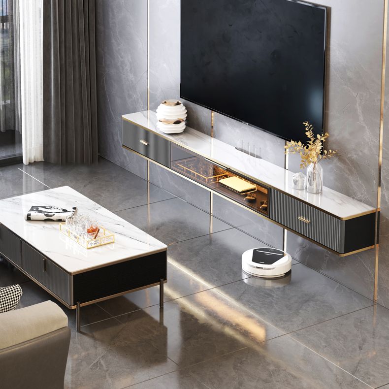 Glam Floating TV Media Stand with Drawers Stone and Wood TV Stand