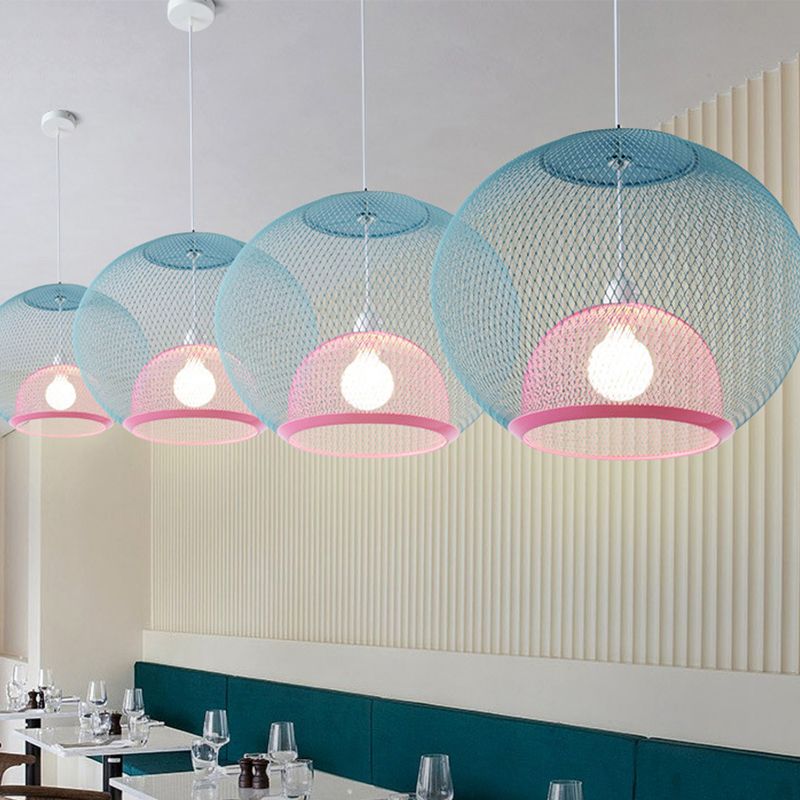 Global Mesh Restaurant Pendant Light Metallic 1-Bulb Macaron Ceiling Hang Fixture in Pink/Yellow/Blue