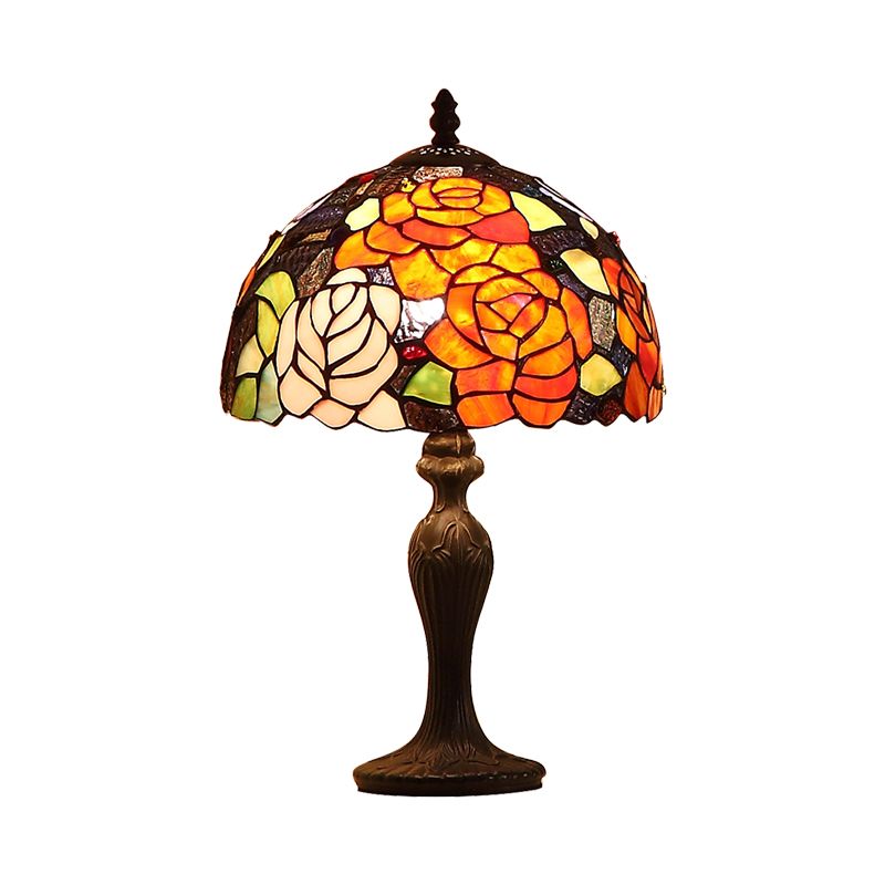 Stained Art Glass Blossom Table Lamp Tiffany 1-Light Dark Brown Night Stand Light