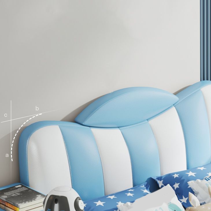 Contemporary Kids Bed Genuine Leather Blue Dollhouse Upholstered Headboard