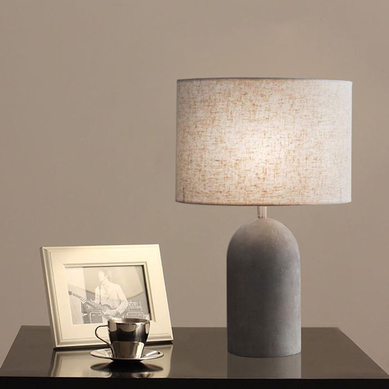 Half Capsule Cement Table Lighting Modern Single Grey Night Lamp with Drum Fabric Lampshade