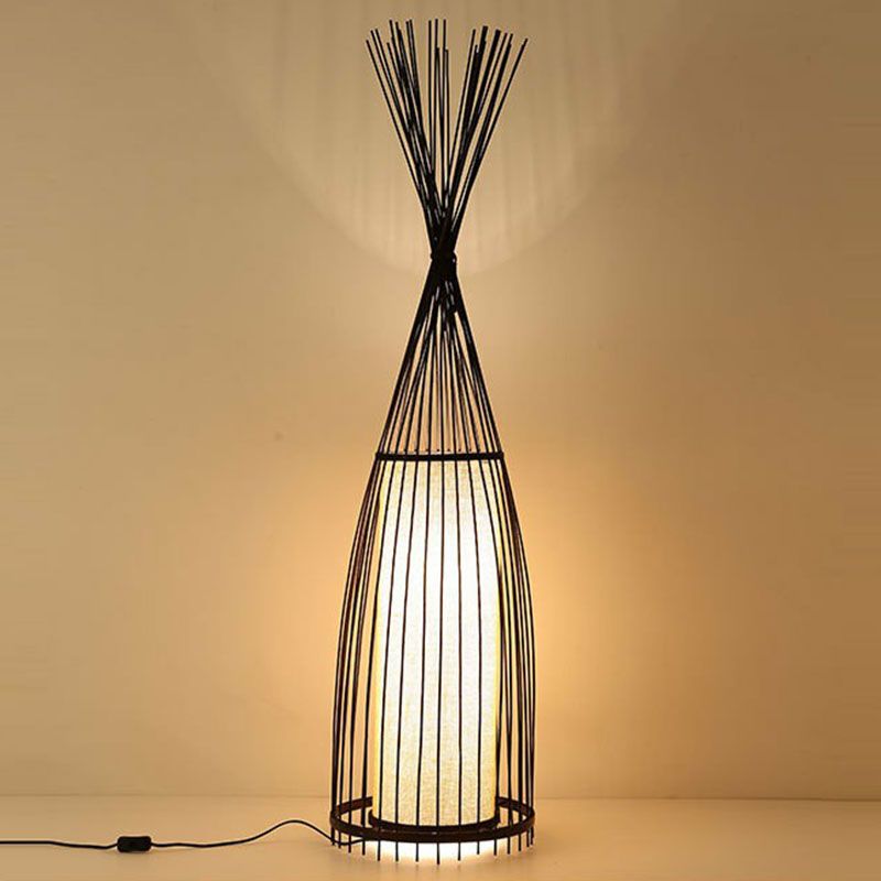 Southeast Asia Conical Stand Up Lamp Bamboo Single Living Room Floor Lighting with Cylinder Diffuser